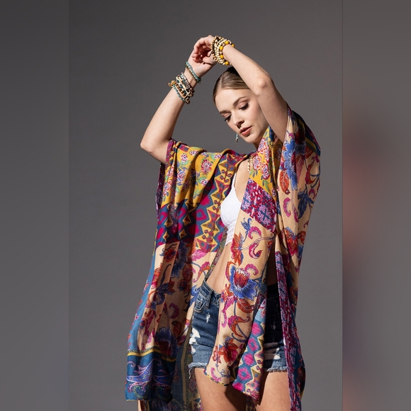 Colorful Floral Paisley & Geometric Print Kimono - Soft & Silky - Lightweight - Picture 2 of 8